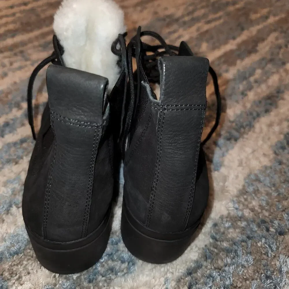 Eileen Fisher Womens Calm Black Suede Fur Trim Lace Up Ankle Booties 7.5
